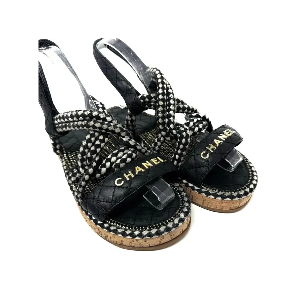 Chanel Cord Sandals Black White Quilted Lambskin Leather CC Logo Flats 6.5